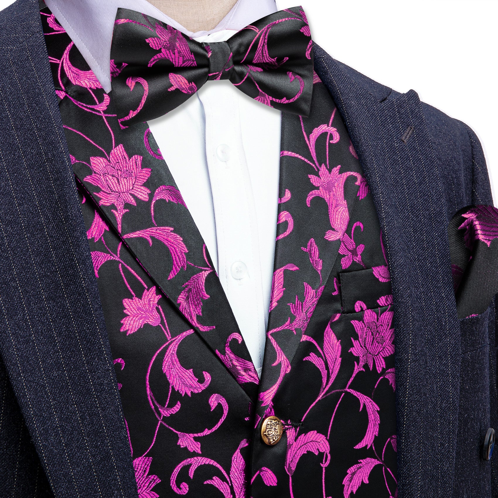 Barry. Wang Mens Hot Pink Floral Vest Silk Vest Bowtie Hanky Cufflinks Set