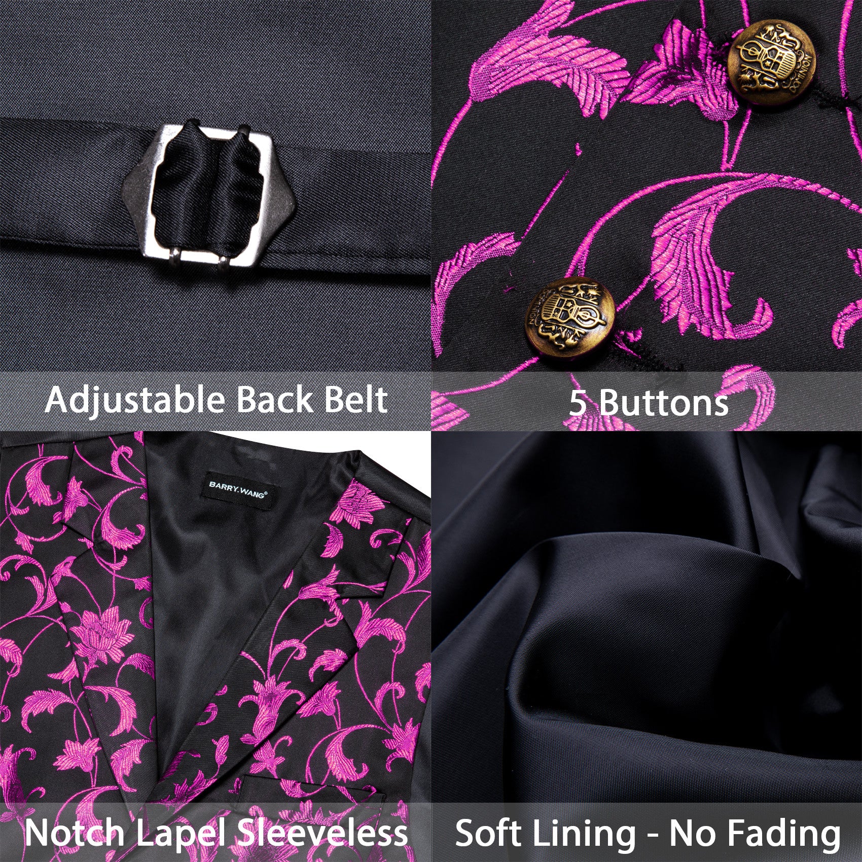 Barry. Wang Mens Hot Pink Floral Vest Silk Vest Bowtie Hanky Cufflinks Set