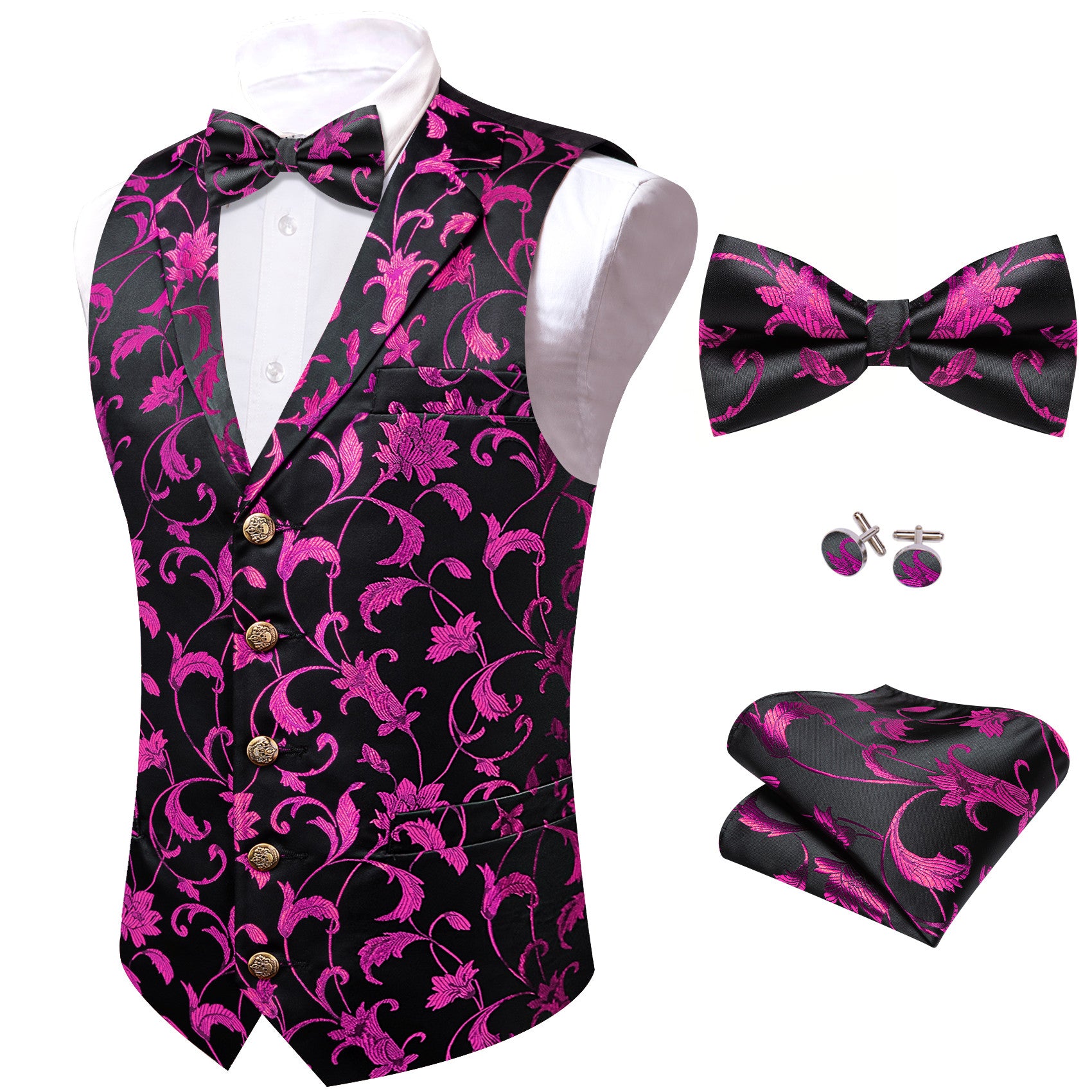 Barry. Wang Mens Hot Pink Floral Vest Silk Vest Bowtie Hanky Cufflinks Set