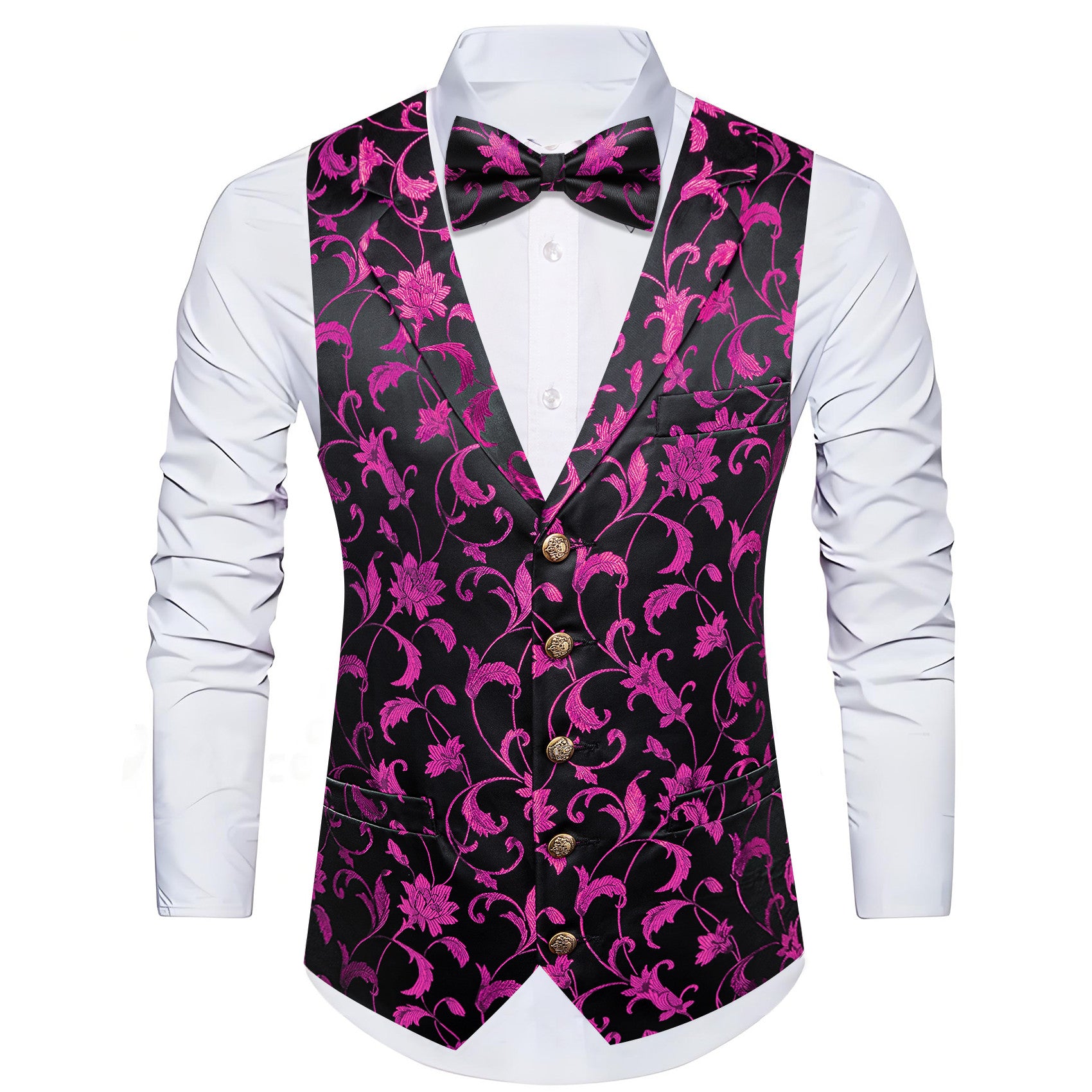 Barry. Wang Mens Hot Pink Floral Vest Silk Vest Bowtie Hanky Cufflinks Set