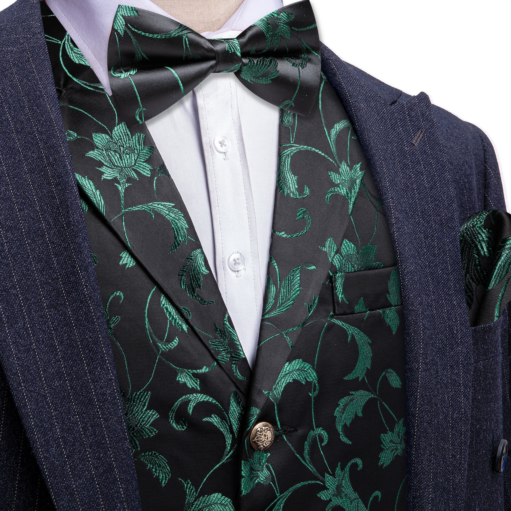 Barry. Wang Mens Huter Green Collar Vest Bowtie Hanky Cufflinks Set