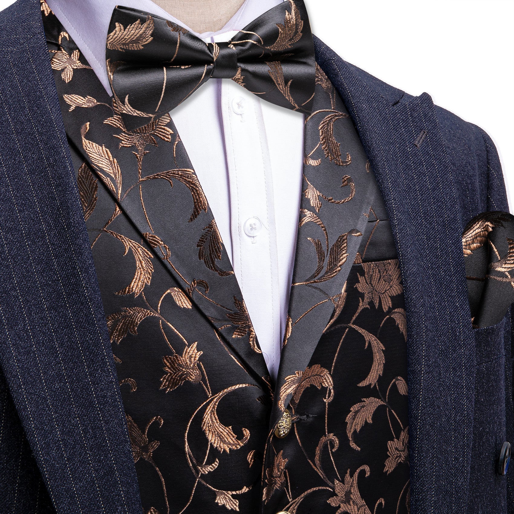 Barry. Wang Mens Collar Vest Tuscan Tan Floral Suit Waistcoat Bowtie Hanky Cufflinks Set