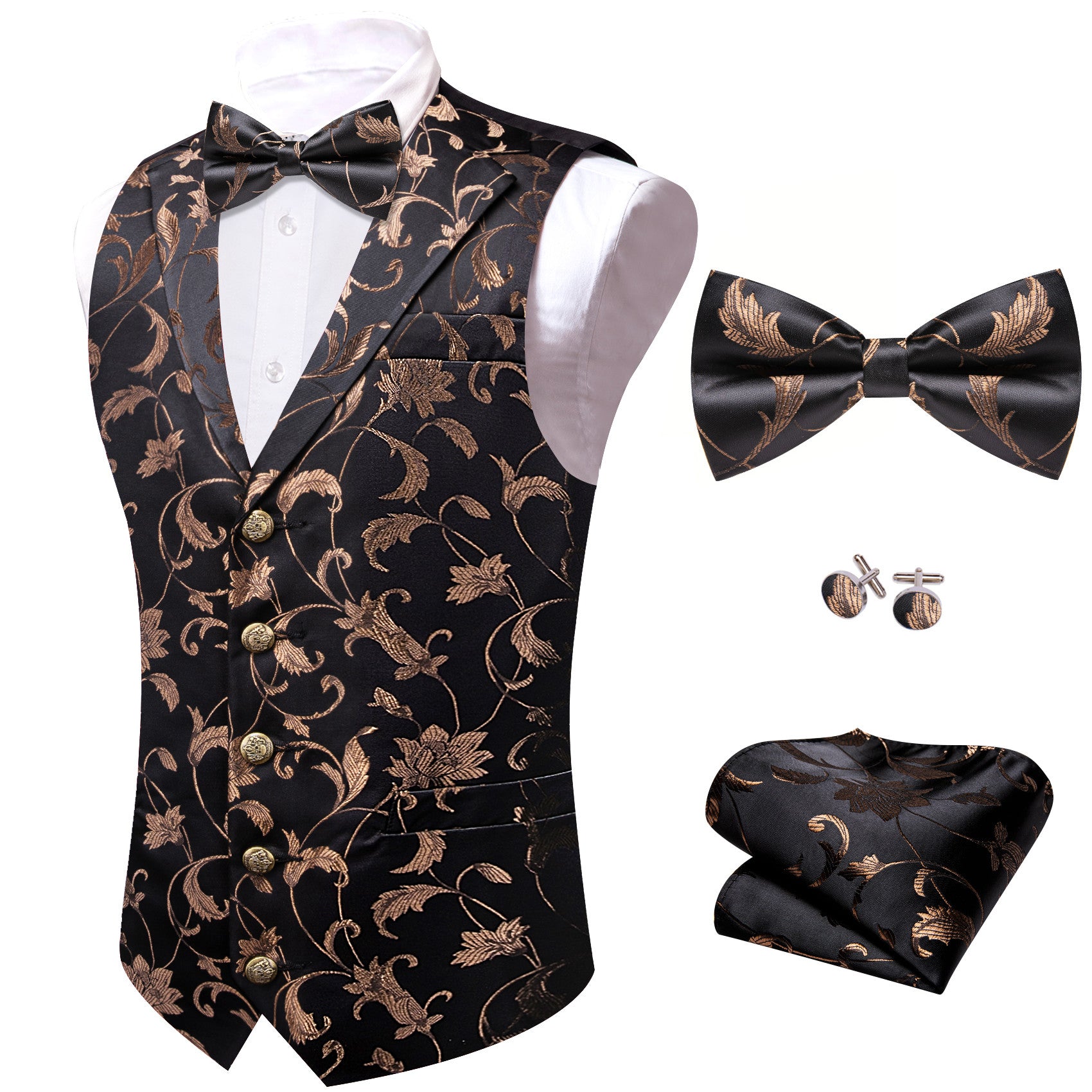 Barry. Wang Mens Collar Vest Tuscan Tan Floral Suit Waistcoat Bowtie Hanky Cufflinks Set