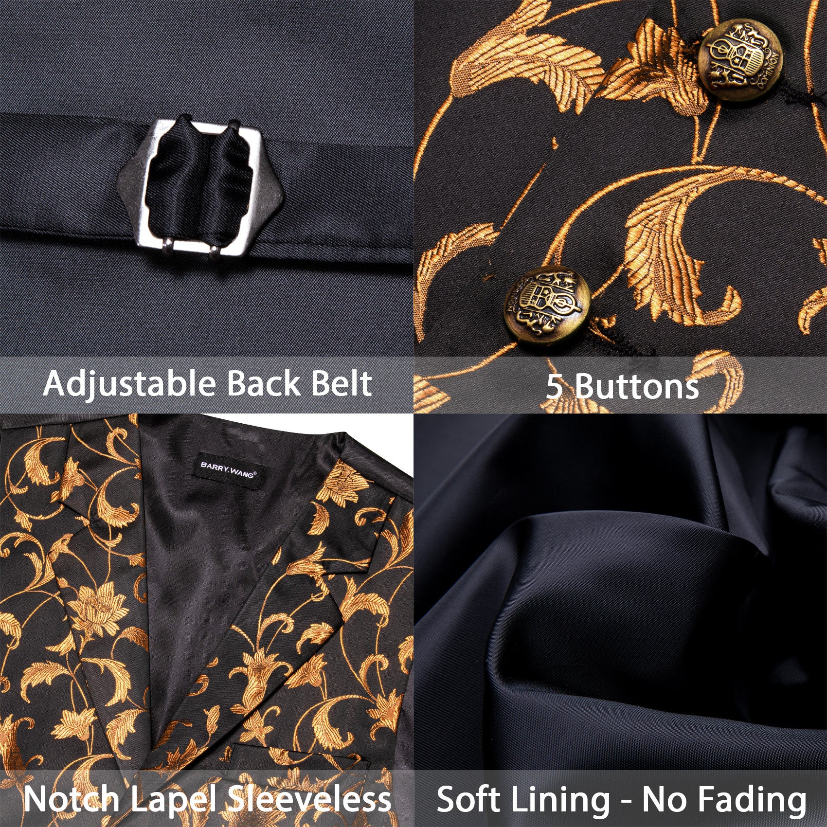 Barry. Wang Mens Collar Vest Gold Floral Suit Waistcoat Bowtie Hanky Cufflinks Set