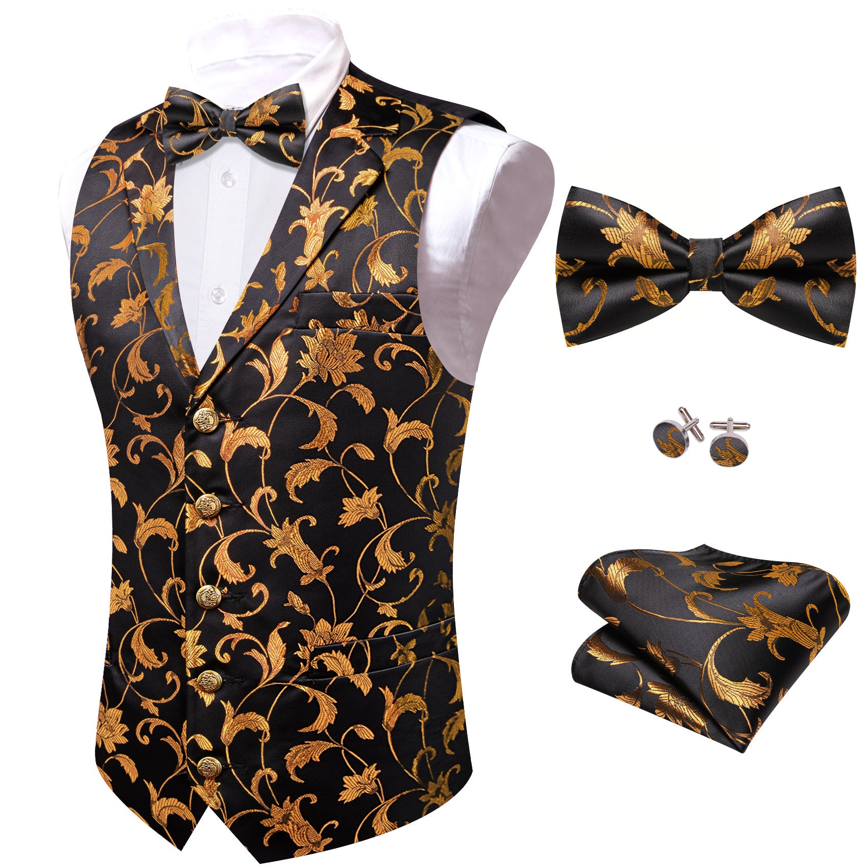 Barry. Wang Mens Collar Vest Gold Floral Suit Waistcoat Bowtie Hanky Cufflinks Set
