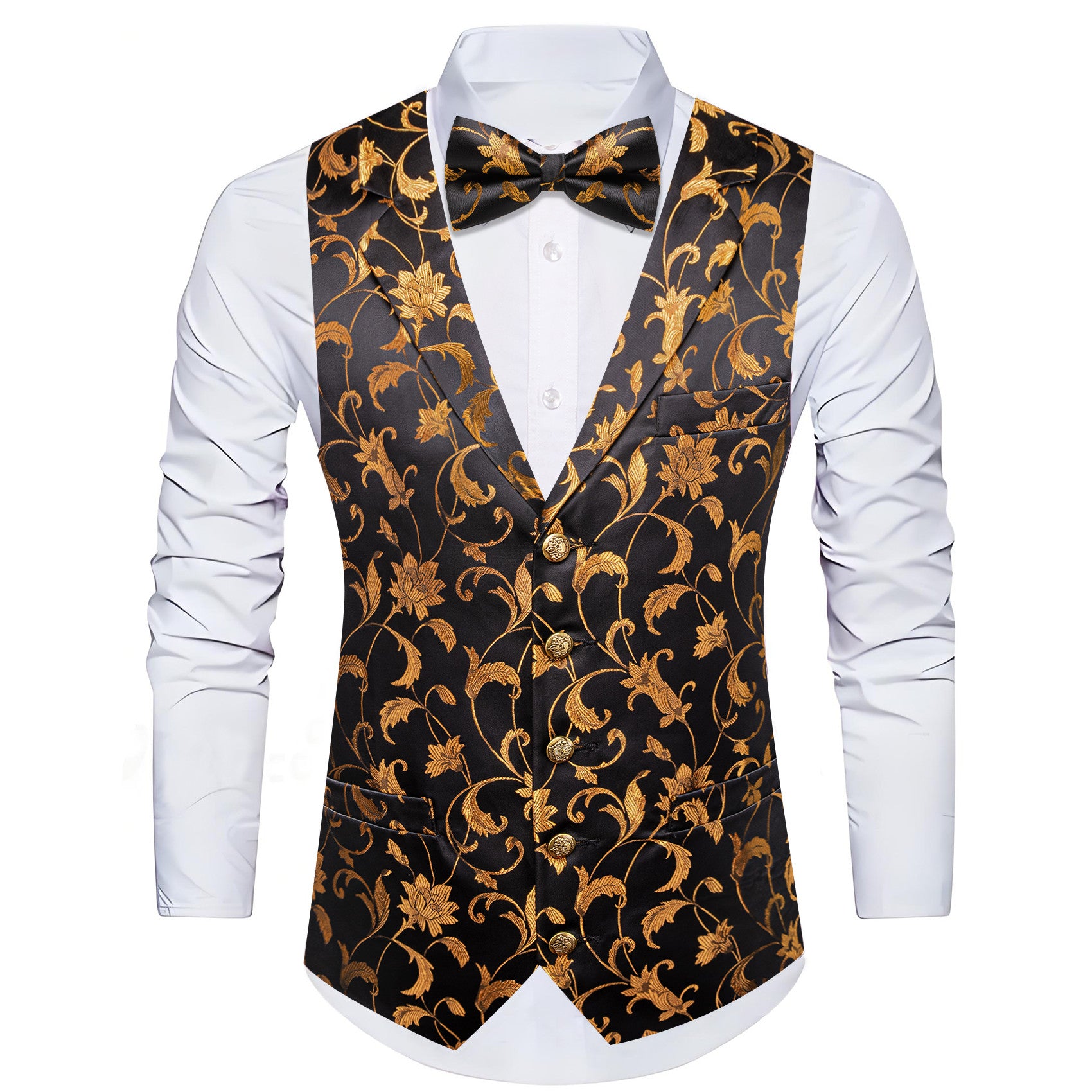 Barry. Wang Mens Collar Vest Gold Floral Suit Waistcoat Bowtie Hanky Cufflinks Set