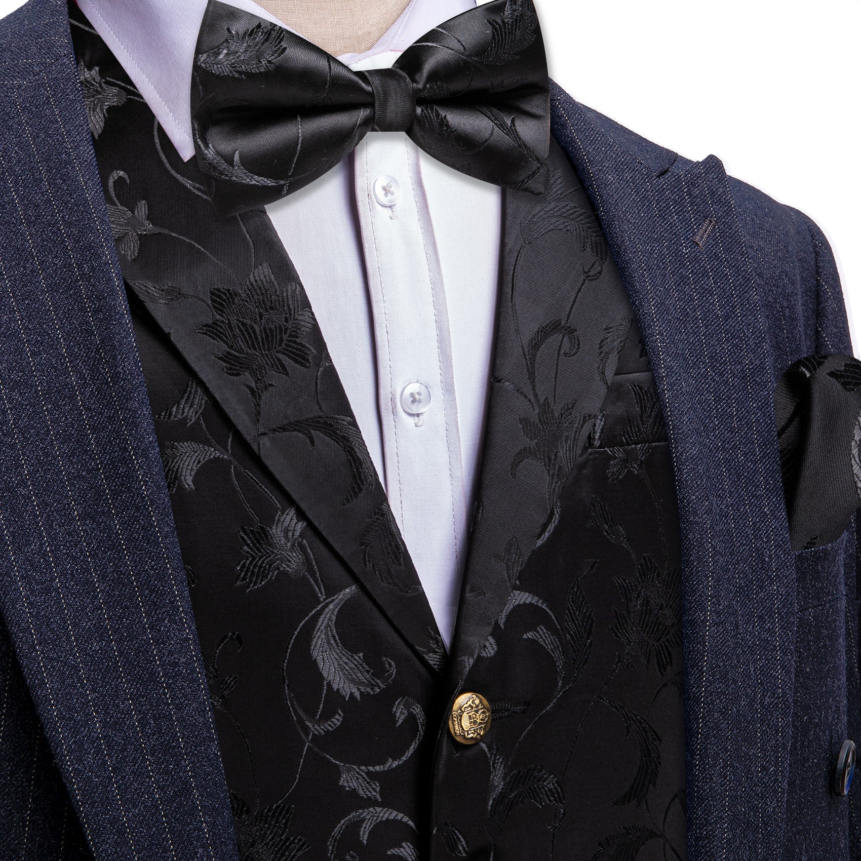 Barry. Wang Black Collar Vest Floral Formal Suit Waistcoat Bowtie Hanky Cufflinks Set