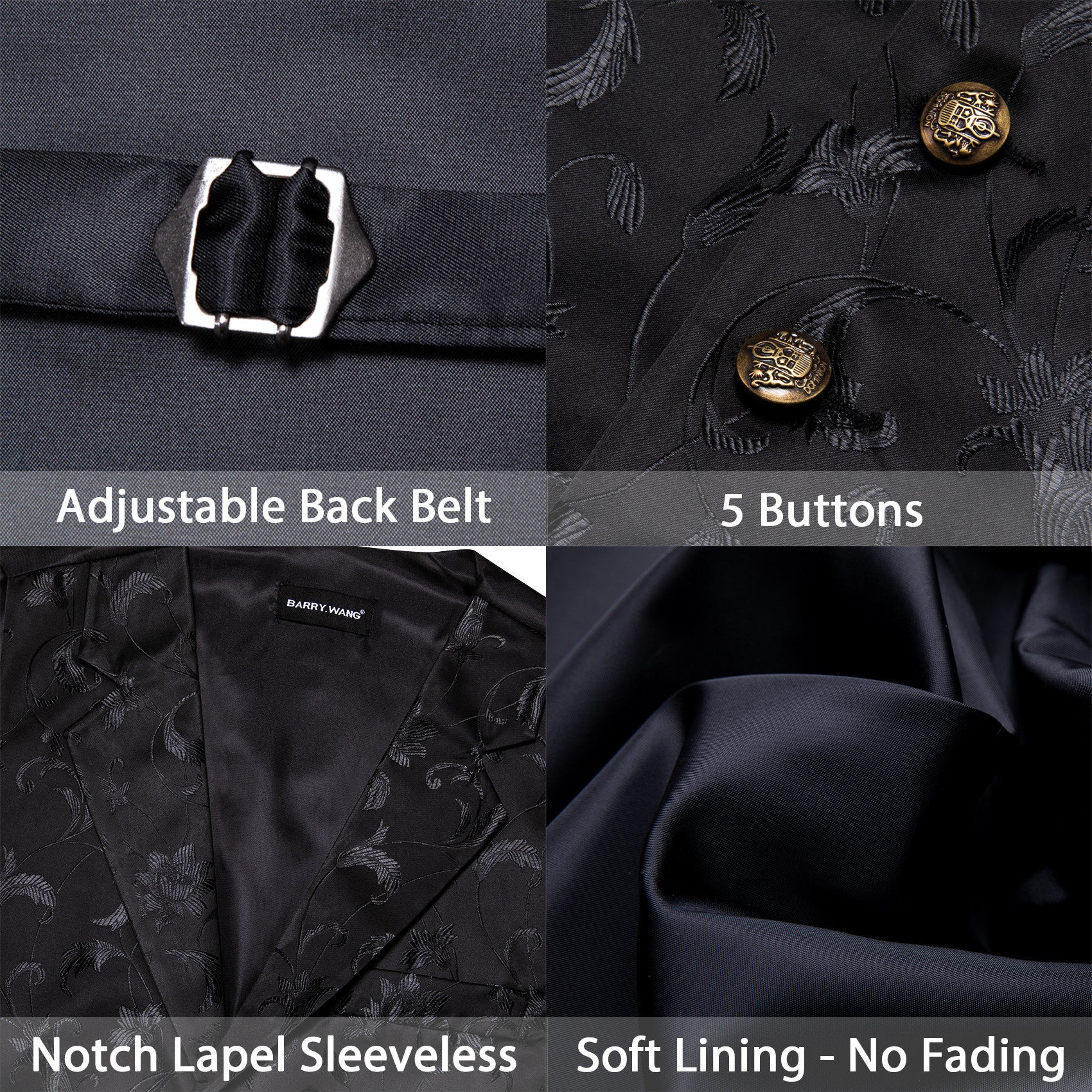 Barry. Wang Black Collar Vest Floral Formal Suit Waistcoat Bowtie Hanky Cufflinks Set