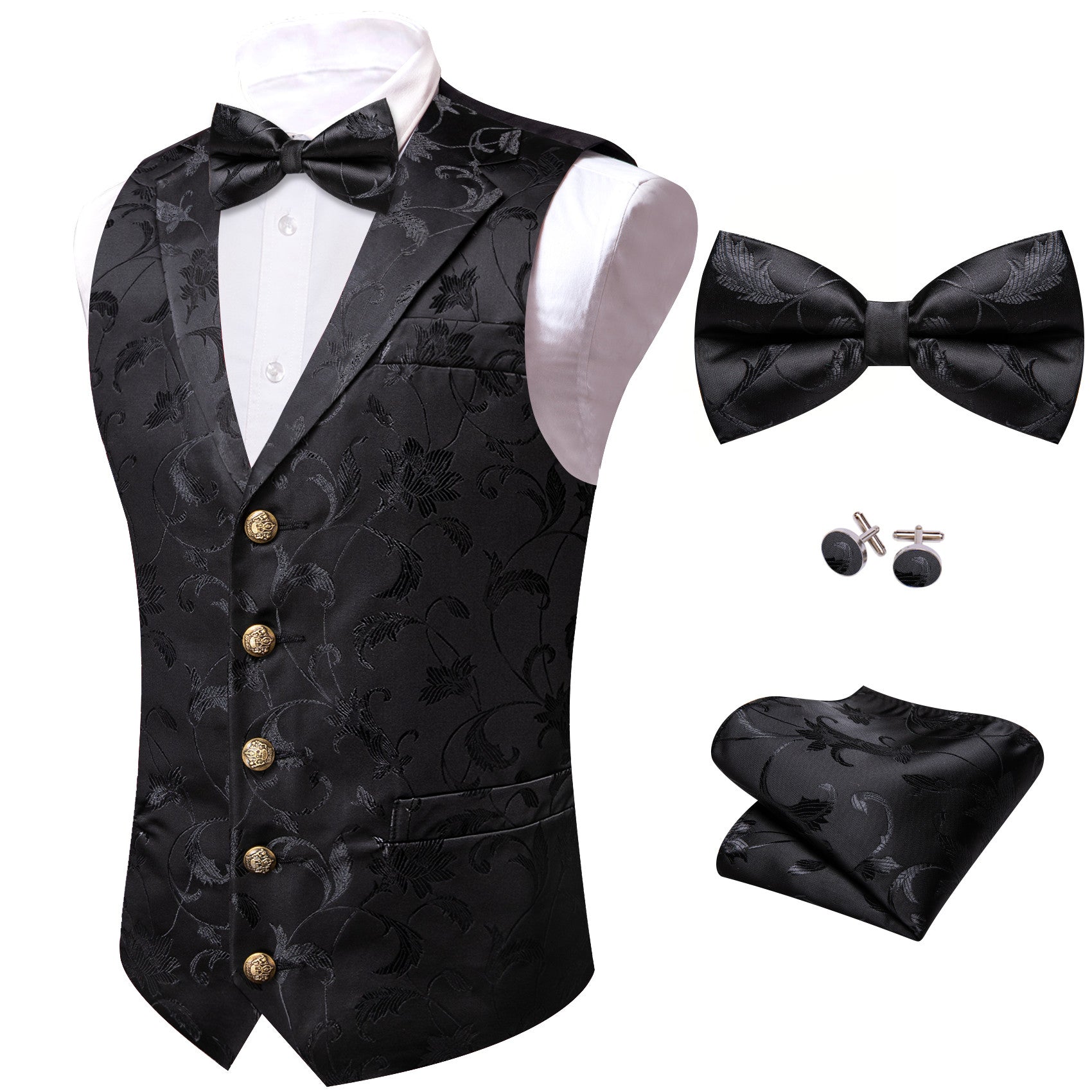 Barry. Wang Black Collar Vest Floral Formal Suit Waistcoat Bowtie Hanky Cufflinks Set