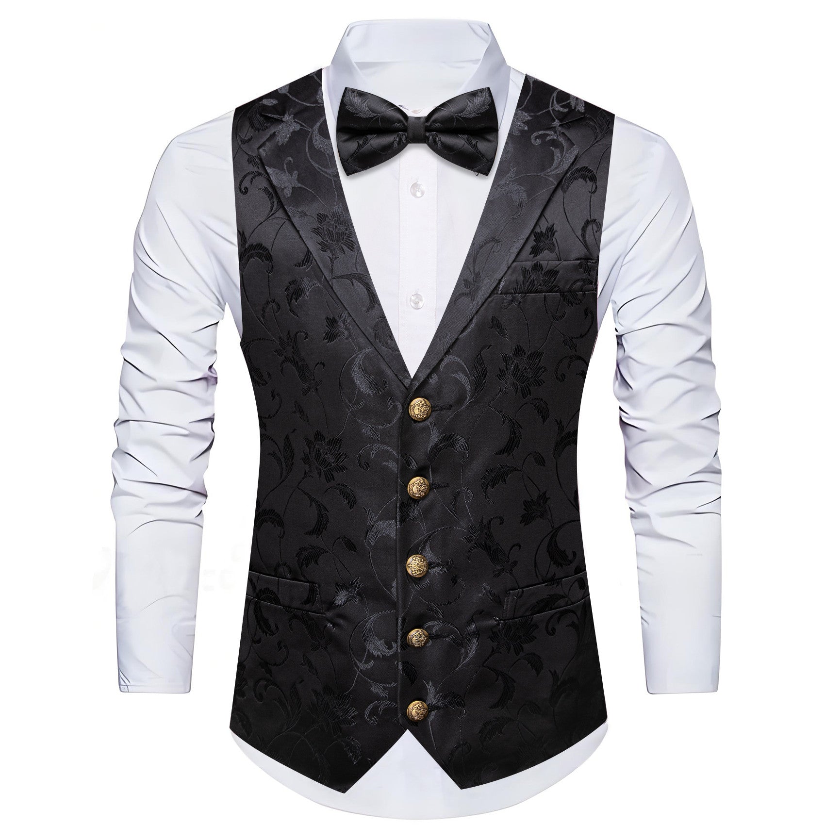Barry. Wang Black Collar Vest Floral Formal Suit Waistcoat Bowtie Hanky Cufflinks Set