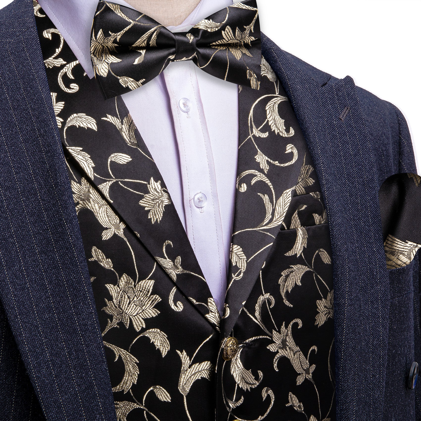 Barry. Wang Mens Collar Vest Ivory Floral Formal Suit Waistcoat Bowtie Hanky Cufflinks Set