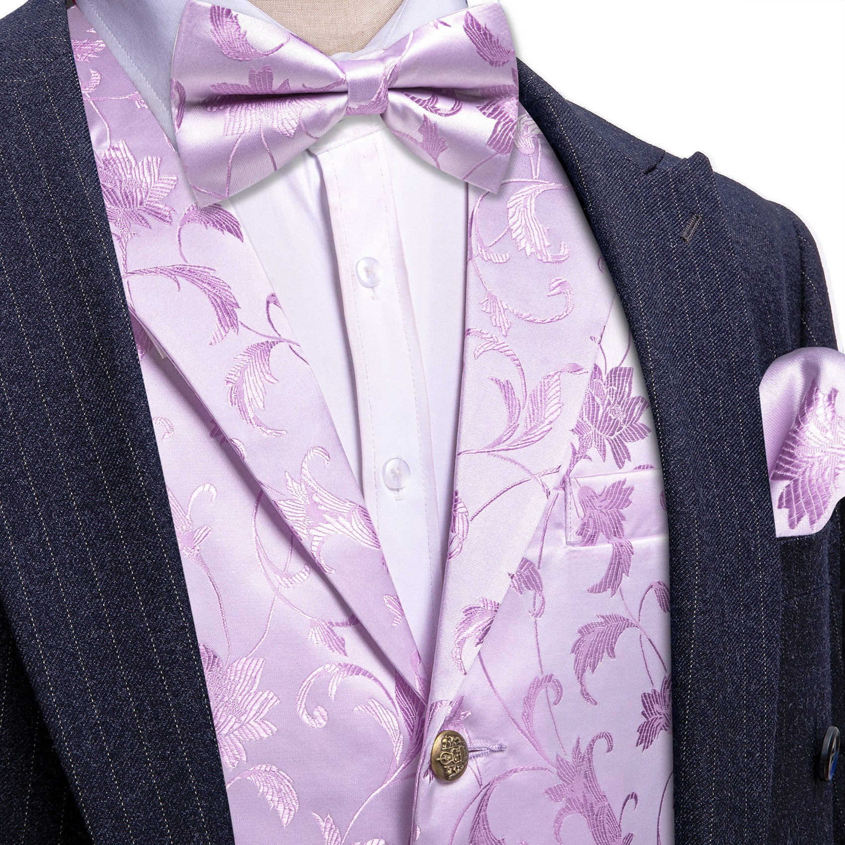Barry. Wang Mens Lavender Floral Vest Silk Paisley Vest Bowtie Hanky Cufflinks Set