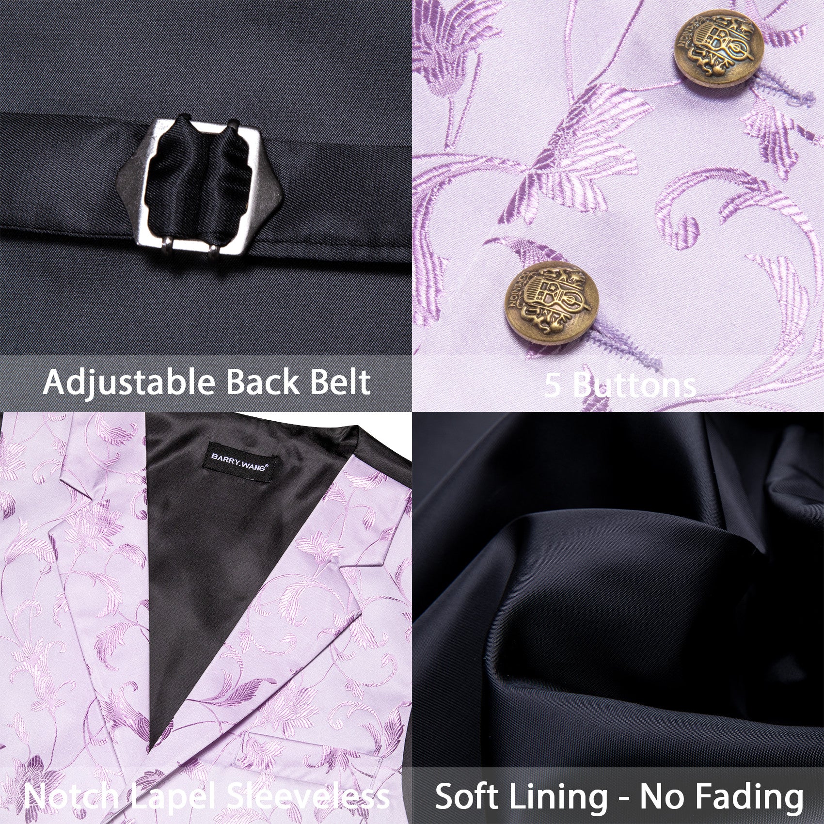 Barry. Wang Mens Lavender Floral Vest Silk Paisley Vest Bowtie Hanky Cufflinks Set