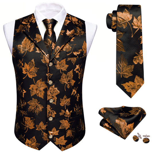 Barry. Wang Men's Suit Vest Copper Leaf Jacquard Waistcoat Tie Pocket Square Set for Wedding