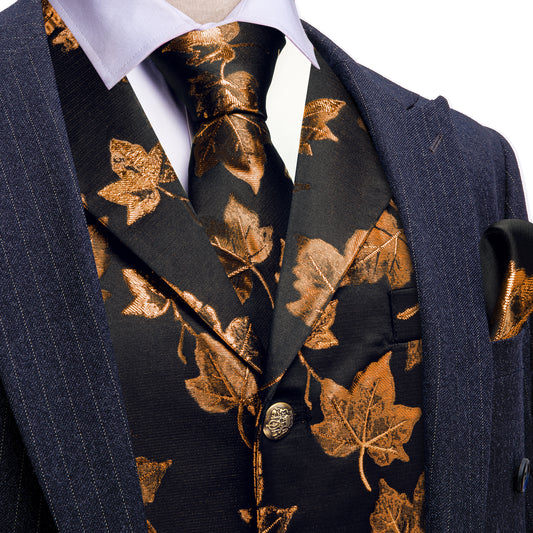 Barry. Wang Men's Suit Vest Copper Leaf Jacquard Waistcoat Tie Pocket Square Set for Wedding
