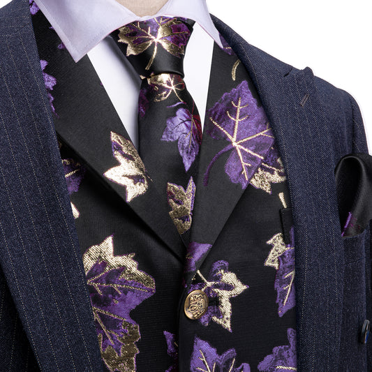 Barry. Wang Men's Vest for Wedding Purple Metallic Leaf Dress Waistcoat Tie Pocket Square Set