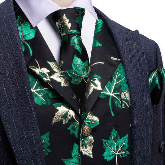 Barry. Wang Men's Formal Vest Emerald Green Metallic Leaf Suit Waistcoat Tie Pocket Square Set