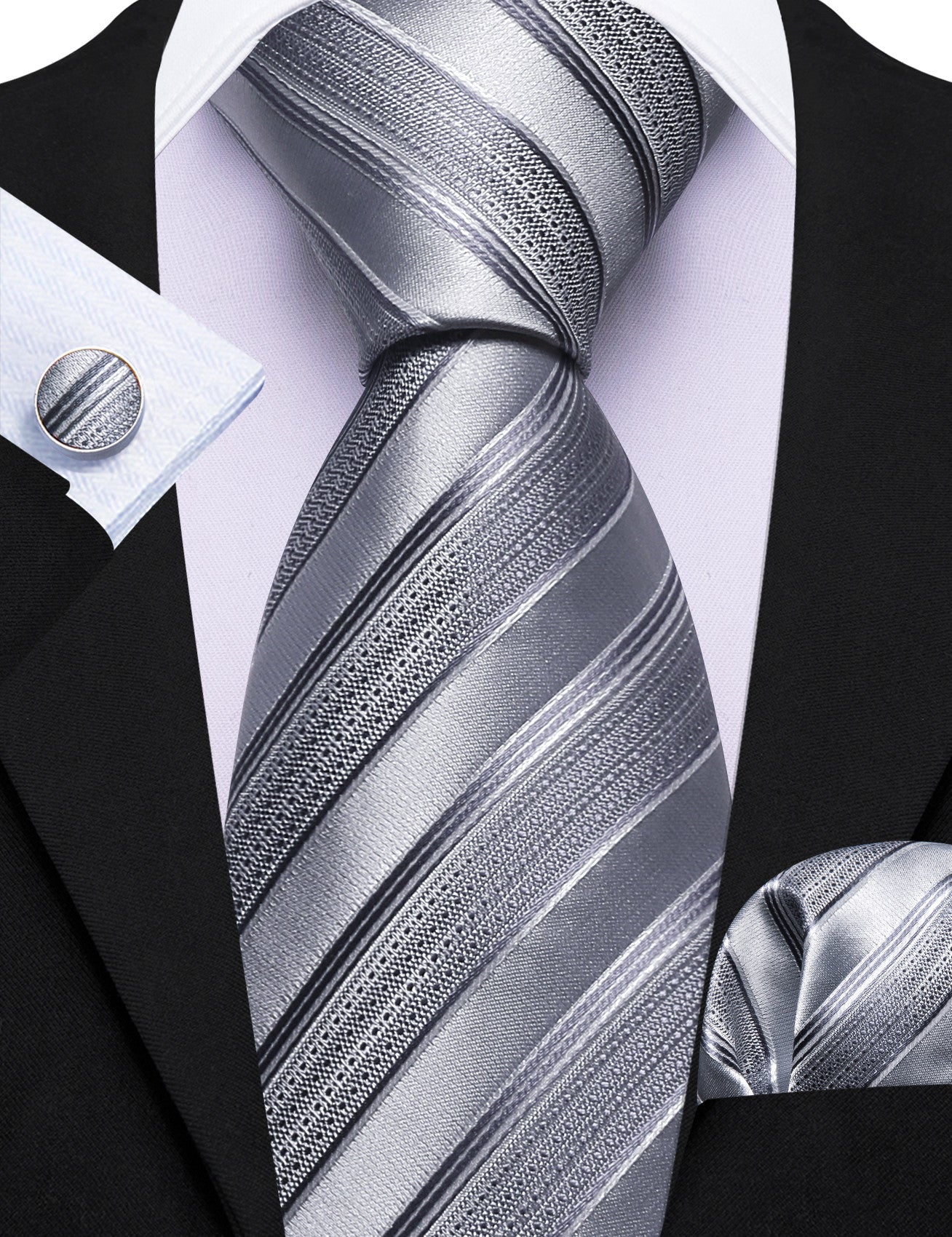 Barry. Wang Silver Tie Striped Silk Necktie Pocket Square Cufflinks Set