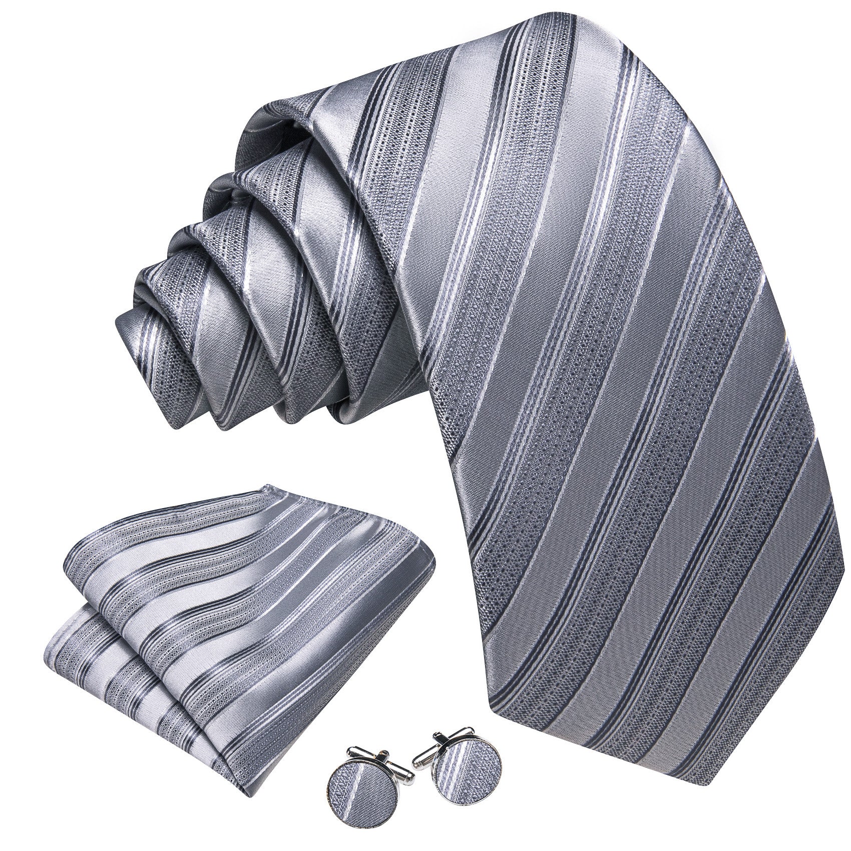 Barry. Wang Silver Tie Striped Silk Necktie Pocket Square Cufflinks Set