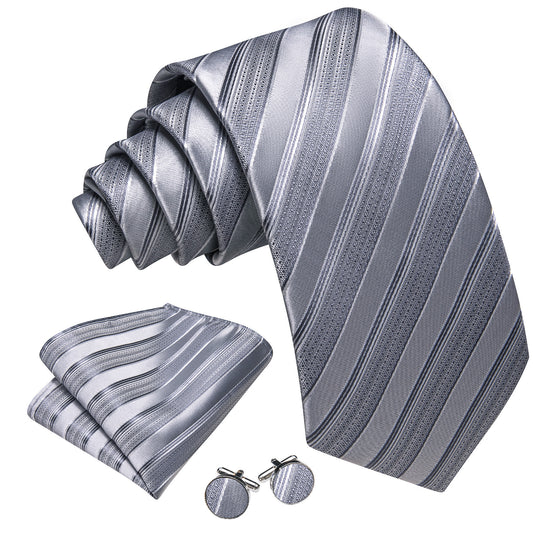 Barry. Wang Silver Tie Striped Silk Necktie Pocket Square Cufflinks Set