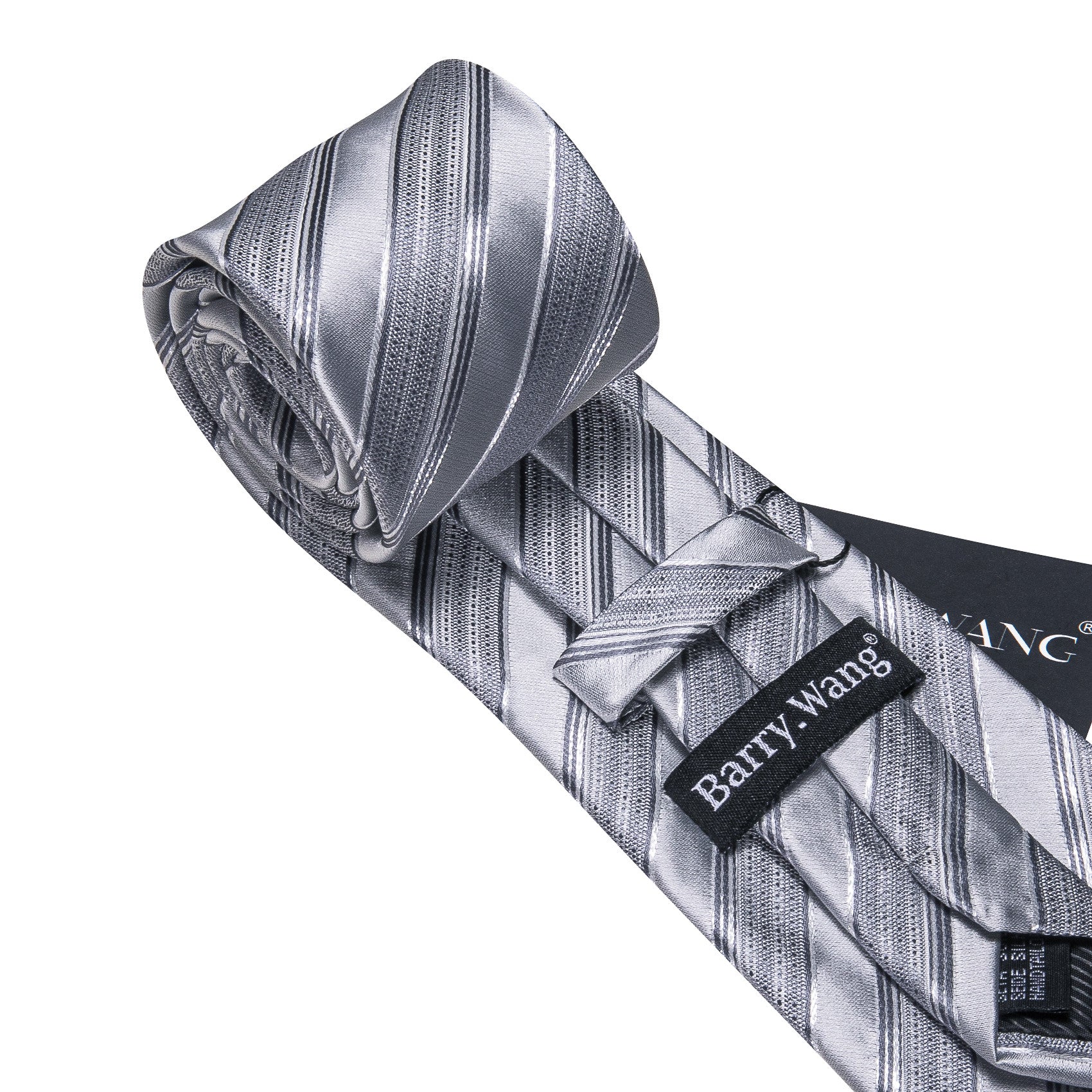 Barry. Wang Silver Tie Striped Silk Necktie Pocket Square Cufflinks Set