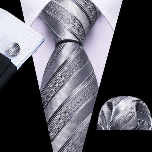 Barry. Wang Silver Tie Striped Silk Necktie Pocket Square Cufflinks Set