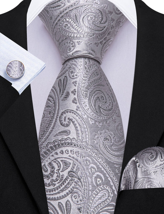 Barry. Wang Paisley Tie Silver Silk Men's Tie Pocket Square Cufflinks Set
