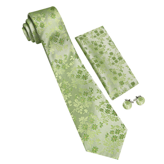 Barry. Wang Men's Sage Green Tie Floral Tie Pocket Square Cufflinks Set