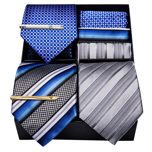 Barry. Wang 3PCS Ties Gift Box Set Mens Blue Ties Pocket Square Cufflinks Clips Set