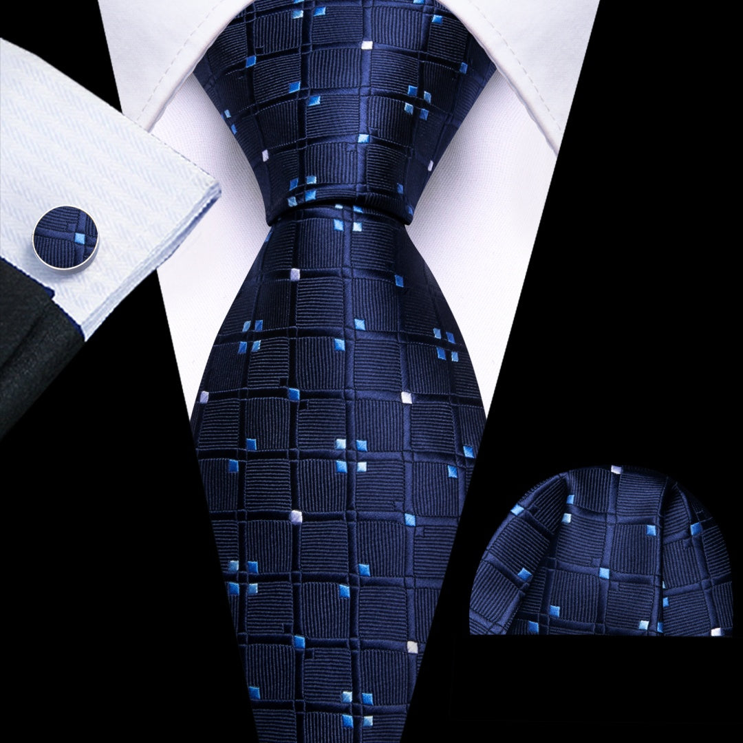 Barry. Wang Brown Tie White Blue Plaid Tie Silk Tie Pocket Square Cufflinks Set