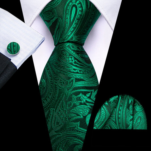 Barry. Wang Green Floral Tie Silk Tie Pocket Square Cufflinks Set For Men