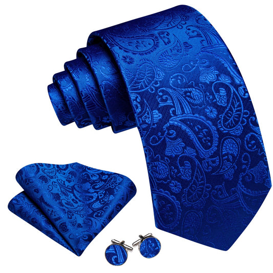 Barry. Wang Mens Blue Tie Paisley Necktie Pocket Square Cufflinks Set