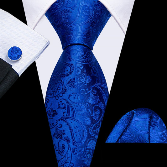 Barry. Wang Mens Blue Tie Paisley Necktie Pocket Square Cufflinks Set