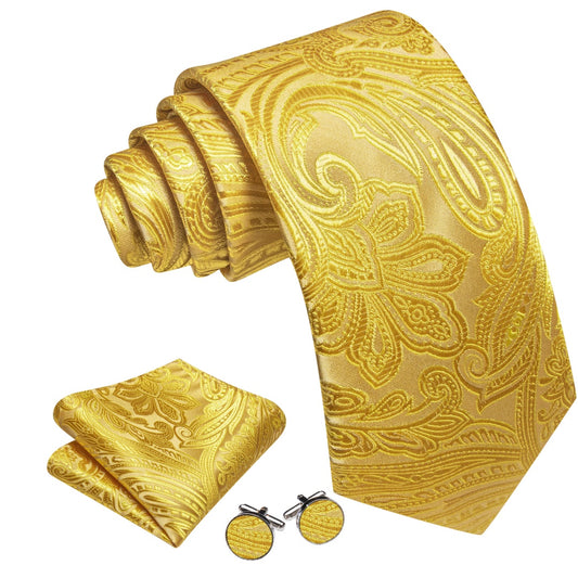 Barry. Wang Golden Yellow Paisley Tie Pocket Square Cufflinks Set Ties for Men