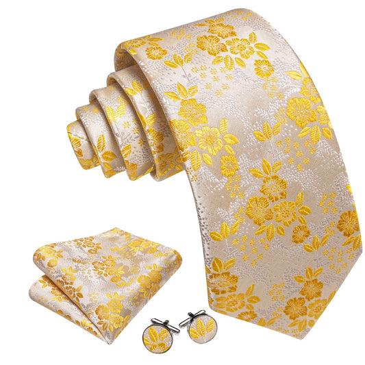 Barry. Wang Yellow Mens Tie Silk Floral Necktie Pocket Square Cufflinks Set