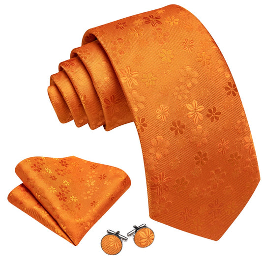 Barry. Wang Silk Mens Dark Orange Floral Tie Pocket Square Cufflinks Tie Set