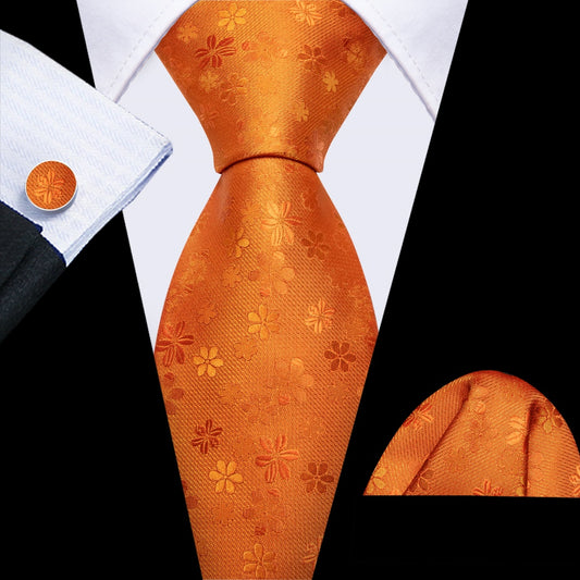 Barry. Wang Silk Mens Dark Orange Floral Tie Pocket Square Cufflinks Tie Set