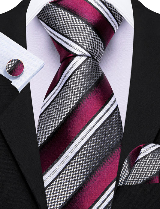Barry. Wang Dark Purple White Grey Tie Striped Tie Silk Tie Pocket Square Cufflinks Set