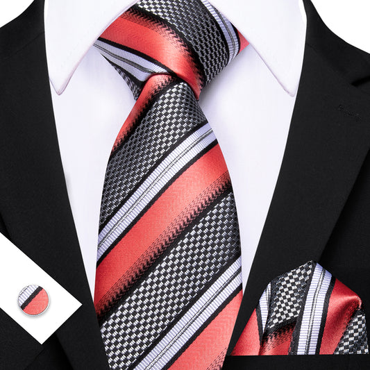 Barry. Wang Salmon White Grey Tie Striped Tie Silk Tie Pocket Square Cufflinks Set