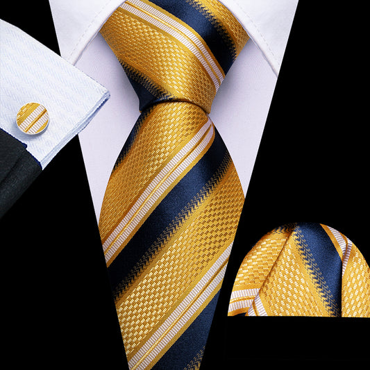 Barry. Wang Yellow Tie Blue Striped Tie Silk Tie Pocket Square Cufflinks Set For Men