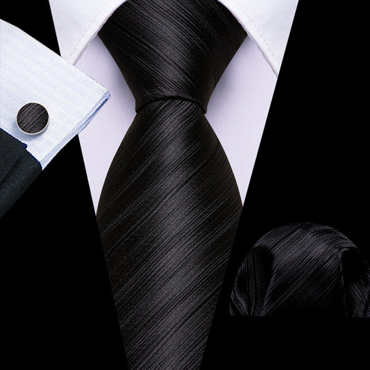Barry. Wang Mens Solid Black Tie Silk Striped Tie Pocket Square Cufflinks Set