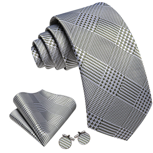 Barry. Wang Silk Tie Grey Plaid Tie Pocket Square Cufflinks Set