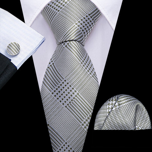 Barry. Wang Silk Tie Grey Plaid Tie Pocket Square Cufflinks Set