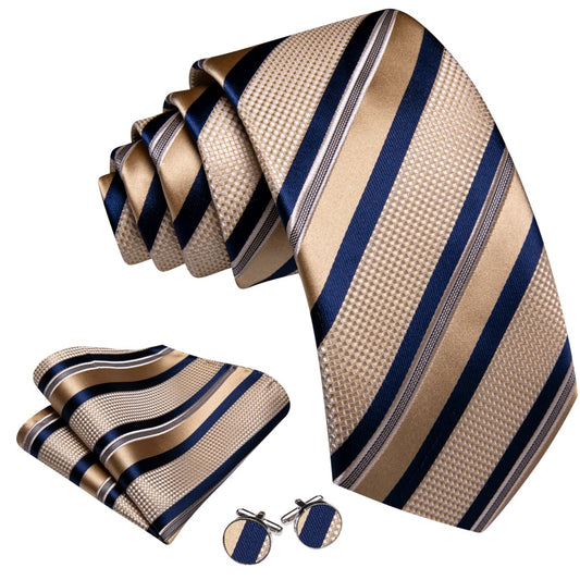 Barry. Wang Silk Tie Hot Champagne and Naby Blue Striped Business Neck Tie Set