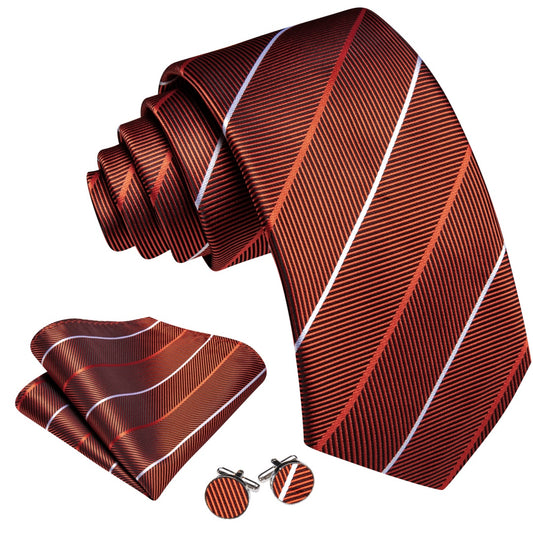 Barry. Wang Silk Mens Striped Tie Fire Brown Fashion Business Necktie Set