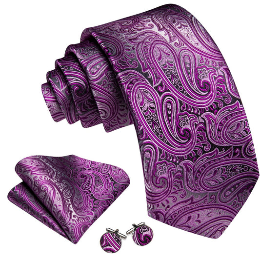 Barry. Wang Mens Paisley Tie Grey and Pink Paisley Design Neck Tie Set