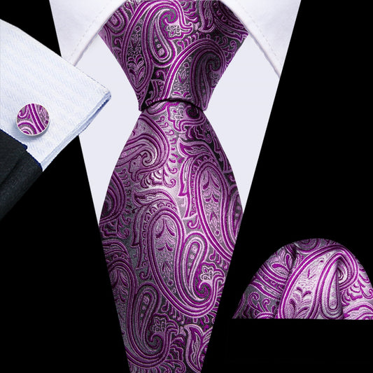 Barry. Wang Mens Paisley Tie Grey and Pink Paisley Design Neck Tie Set