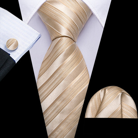 Barry. Wang Champagne Striped Tie Mens Silk Tie Pocket Square Cufflinks Set