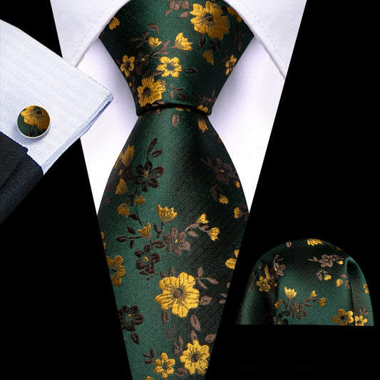 Barry. Wang Emerald Green Floral Tie Mens Silk Necktie Pocket Square Cufflinks Set