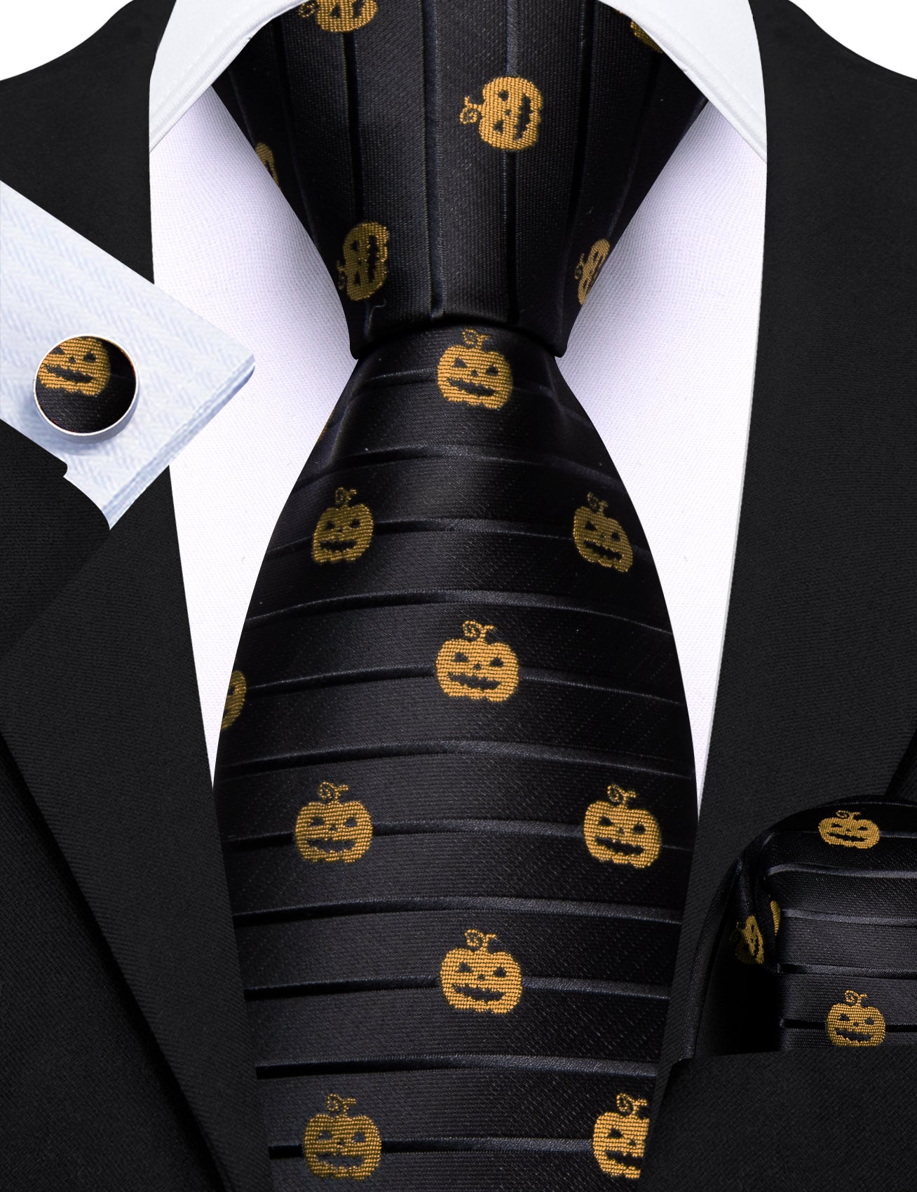 Barry. Wang Black Necktie Halloween Pumpkin Silk Tie Pocket Square Cufflinks Set for Men